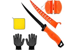 AOFUXTI Filet Knife For Fish, Essential 7-In Sheathed Knife For Fish Cleaning And Cutting Kits, Fishing Gift For Men, Includes Knife Sharpener, Gloves, Towel. Orange Meat Cleaver With Non-Slip Handle.