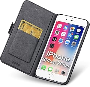 Aunote iPhone 7 Plus/8 Plus Wallet Case, iPhone 7Plus/8Plus Phone Case, Slim Flip/Folio Cover – Book Style: Made of PU Leather Shell (Lightweight, Feels Good) and TPU Inner - Full Protection. Black