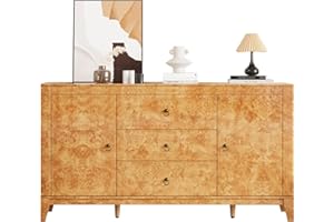 LUXOAK High Gloss Sideboard Buffet Burl Wood 60'' Cabinet Buffet Table with 3 Drawers & 2 Closed Storages, Mid-Century Modern Sideboard for Dining Living Room, Blond Burl