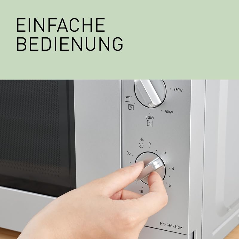 NN-GM23QMEPG 20L Grill-Mikrowelle mit Drehteller und Grillrost, 800 W, 1000 W Grill, Auftau-Funktion, einfache Bedienung durch Drehregler, Quick 30, Timer, Silber