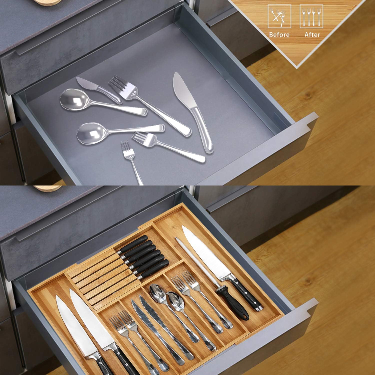 Bamboo Silverware Drawer Organizer Kitchen, Expandable Utensil Holder and Cutlery Tray with Divider | 13"-21.6" Flatware Storage and Removable Knife Block: Kitchen & Dining