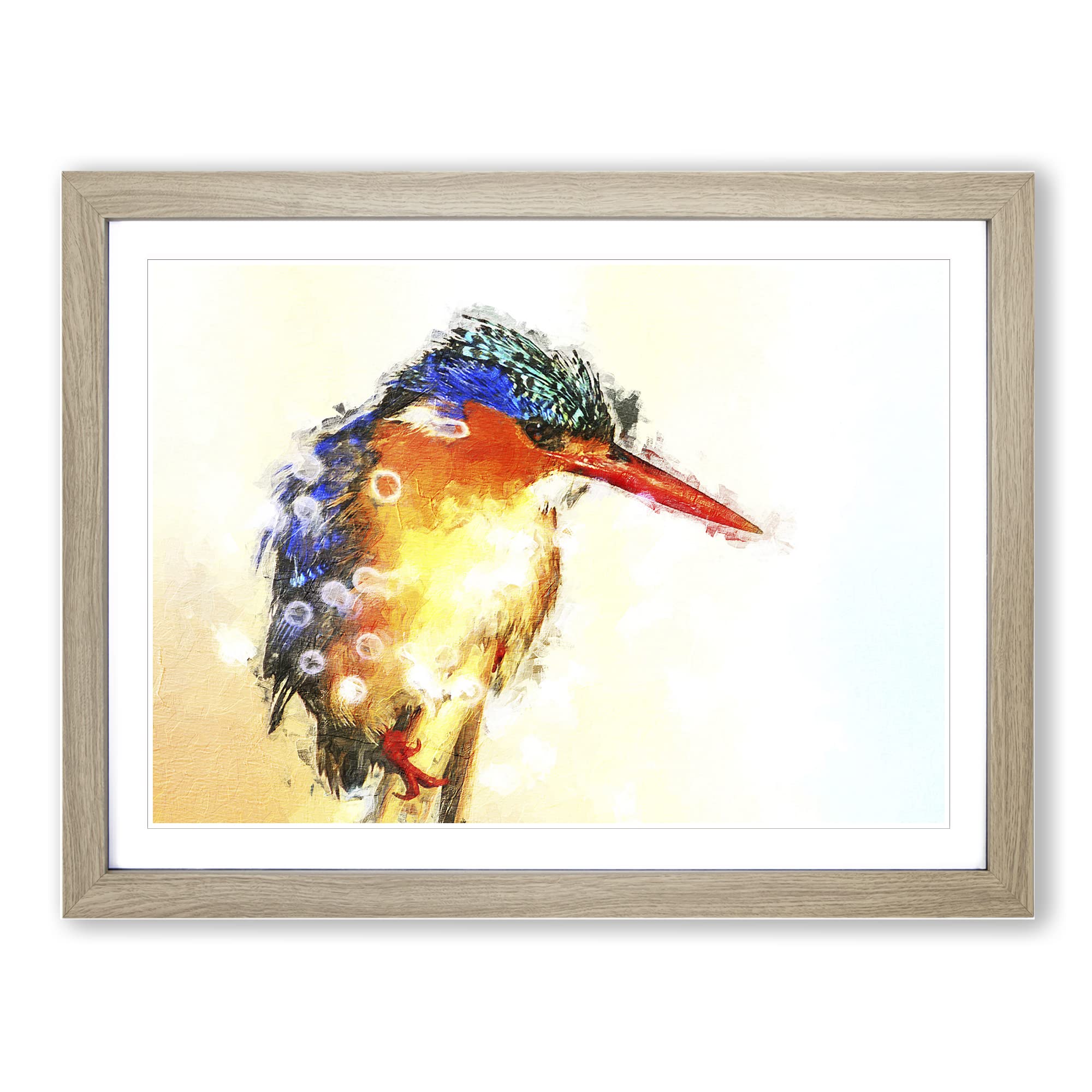 Exquisite Kingfisher Bird In Abstract Modern Art Framed Print | A4 Oak Framed Wall Art | Ready to Hang | Abstract Fantasy Picture | Living Room Bedroom Lounge Office