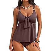 Aleumdr Women's Tankini Swimsuits Tummy Control Two Piece Bathing Suit V Neck Tie Front Flowy Swim Top with Bottom