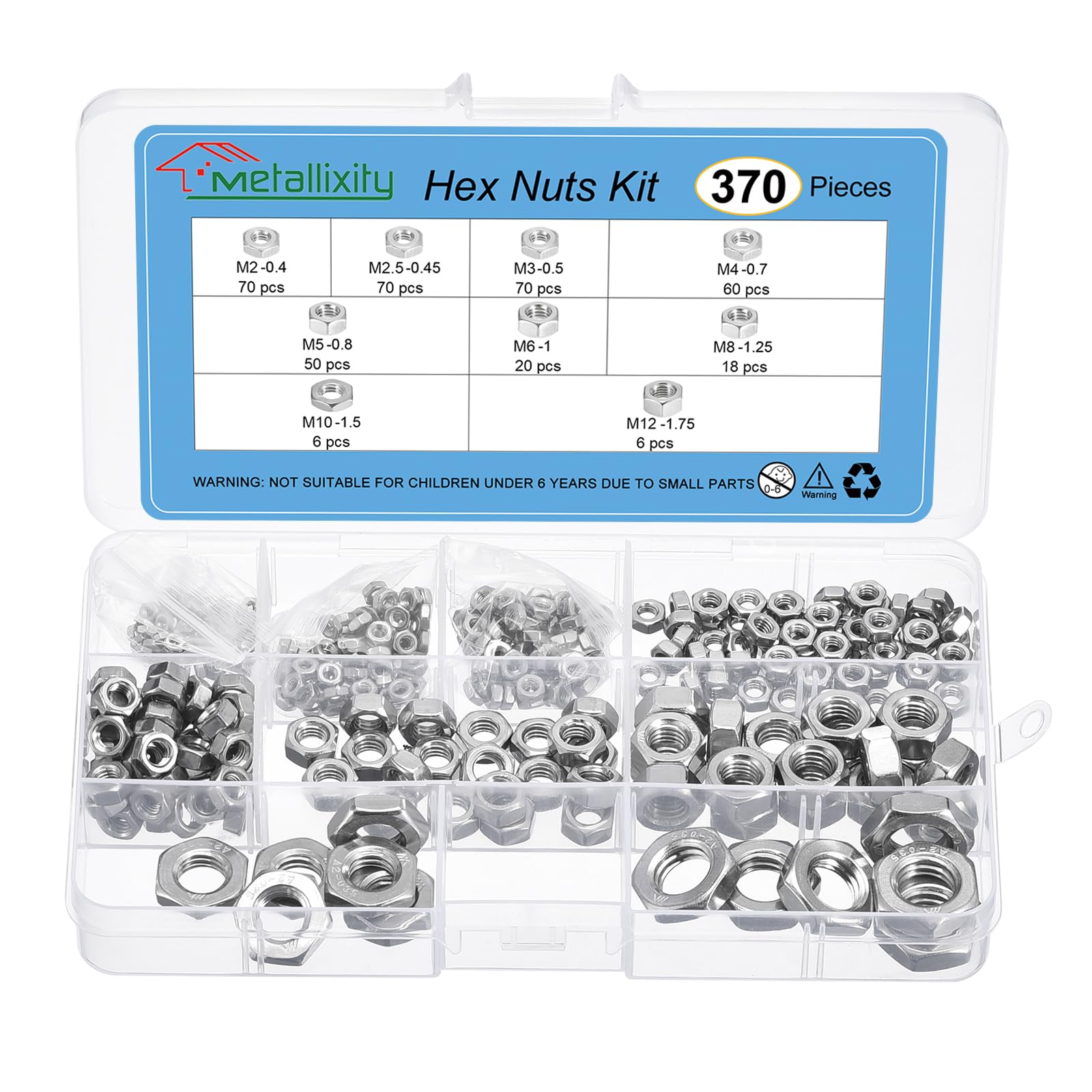 METALLIXITY Hex Nuts Assortment Kit (M2, M2.5, M3, M4, M5, M6, M8, M10, M12) 370Pcs, 304 Stainless Steel Hexagon Nut Hardware Kit