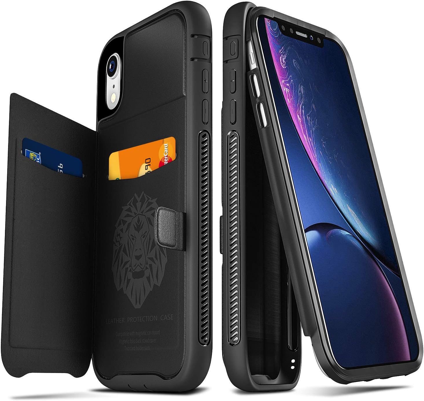 iPhone XR Cases, Ansiwee XR iPhone Case Wallet Black Luxury Protective Blue Hard TPU Leather Grip Shockproof with Stand Holder and Car Holder and Magnetic Car Mount for 6.1 iPhone XR Case (Black)