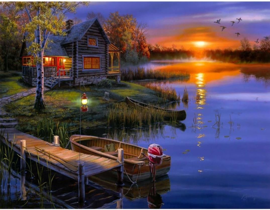 THF Full Drill Beautiful Diamond 5D DIY Diamond Painting 3D Embroidery Cross Stitch Rhinestone Mosaic Painting Home Decor Lakeside Boat 40X30CM