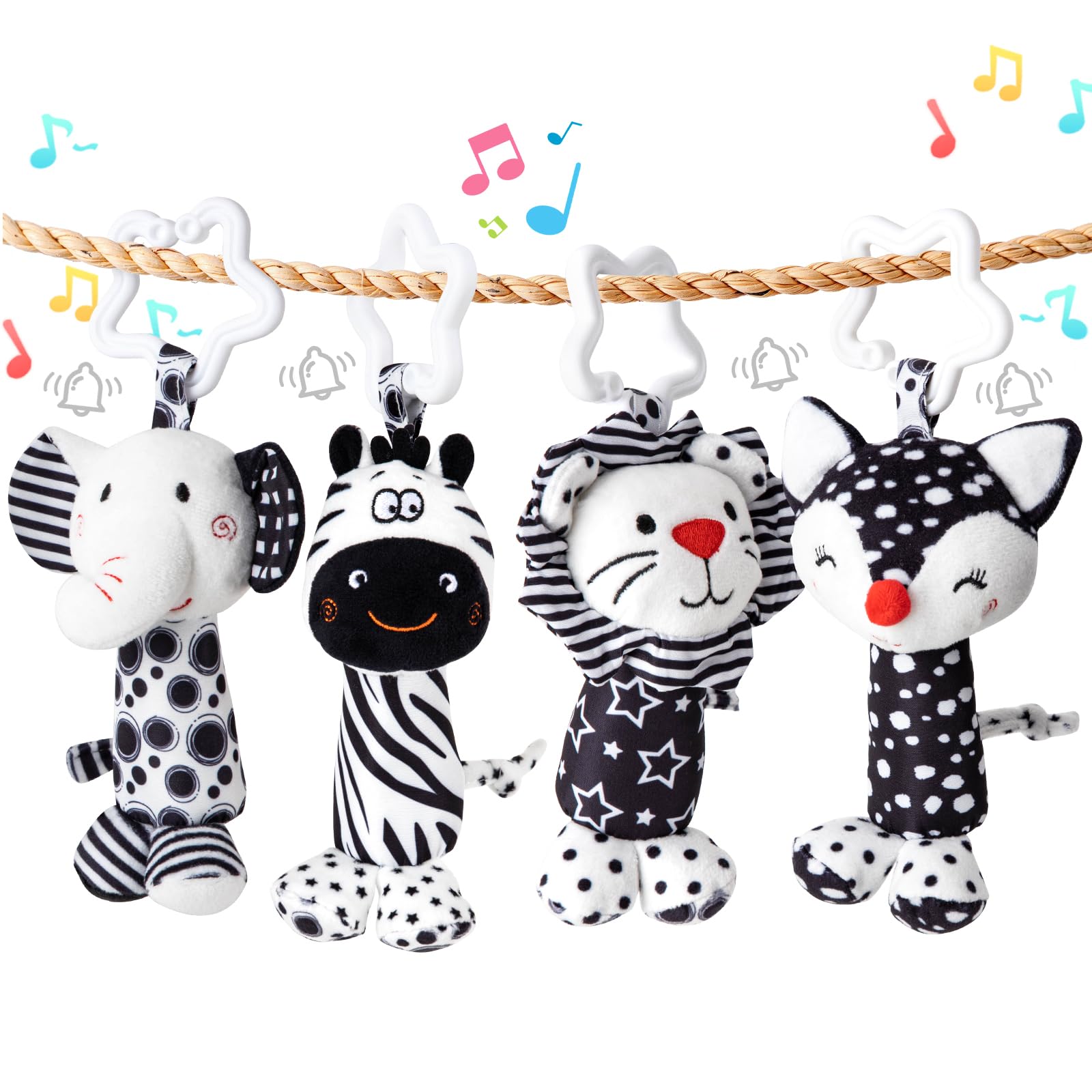 Growithu Pram Toys for Babies 0-6 Months - 4 PCS Newborn Black and White Sensory Toys Animal Baby Car Seat Toys Hanging