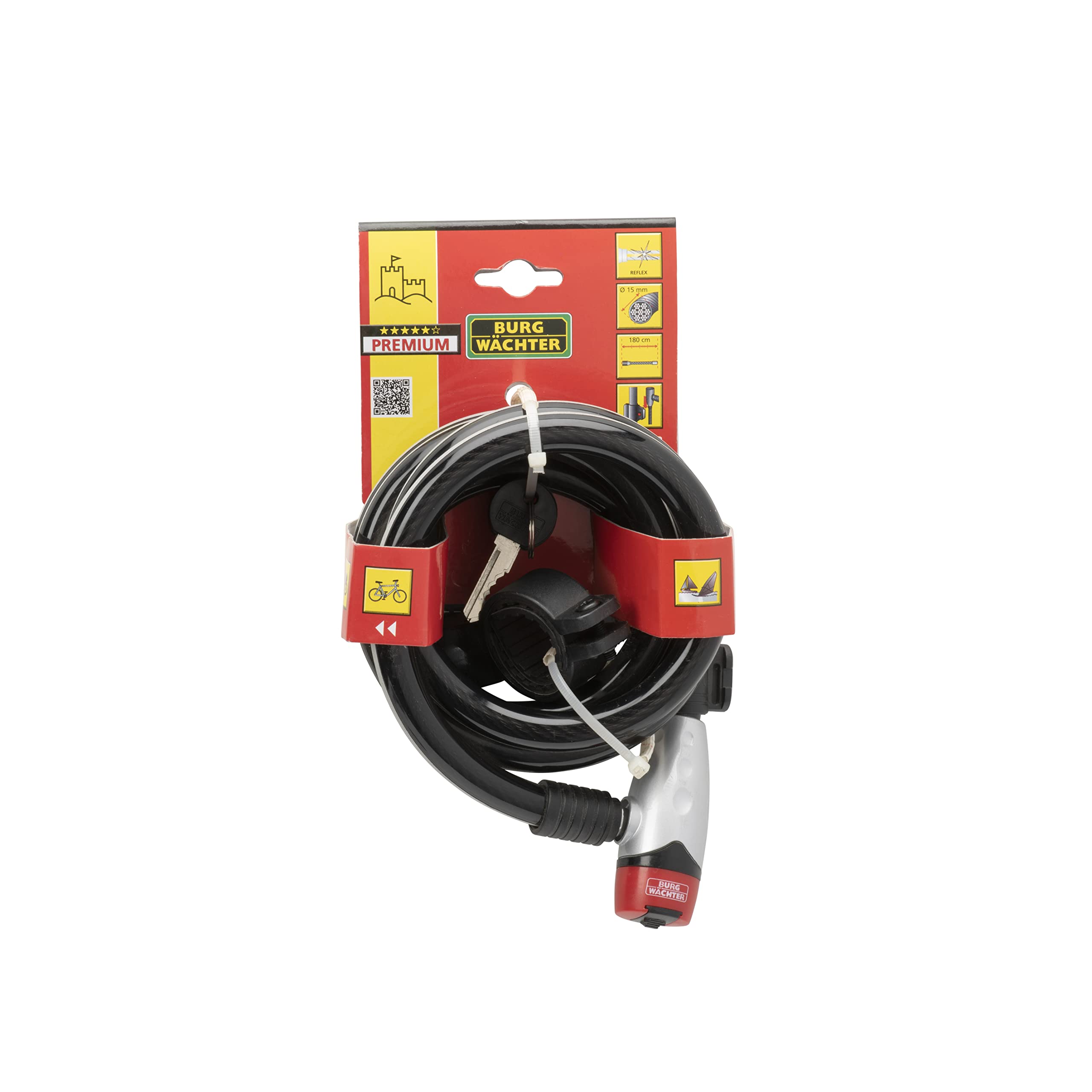 Burg-Wächter Spiral Cable Lock, Key Hole Cover, Pin Cylinders, Reflective Cable Sheath, 2 Keys, Length: 180 cm, 1650 180 REFLEX, Black/Grey