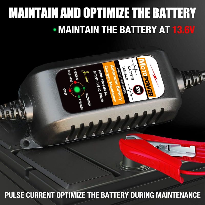 MP00205A 12V 800mA completamente automatico caricabatterie/manutentore per auto, moto, ATV, camper, Powersports, barca e altro ancora. Intelligente, compatto ed ecologico
