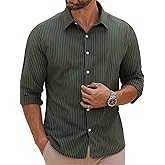 BAYAMO Men's Casual Button-Down Striped Shirts Long Sleeve Cotton Linen Shirts for Men Fashion Business Shirt