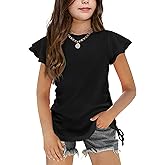 Arshiner Girls T Shirts Ruffle Short Sleeve Ruched Knot Side Tunic Blouse Summer Tee Tops