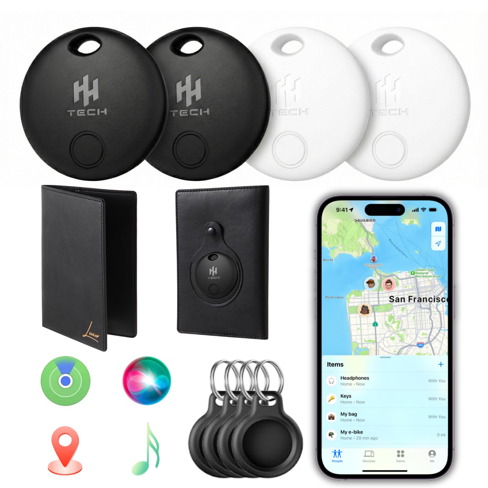 HH-Tech Smart Tag COMBO (Pack 4) For Apple iOS Devices Including Free Luxor Passport Holder, Key Tracker, Item Finder, Replaceable Battery, Easily Track Your Wallet, Bag, Suitcase, and More