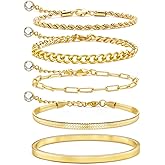 AamAccess Gold Bracelets for Women Trendy, 14K Gold Plated Stackable Adjustable Charm Paperclip Chain Cuban Link Layered Waterproof Jewelry Bracelet Set Gift