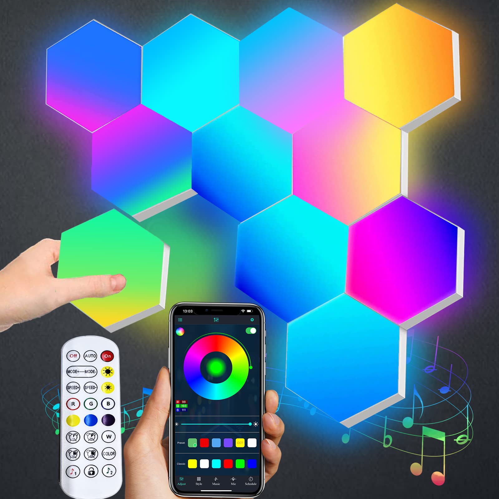 Amailtom Hexagon LED Lights, Smart Hexagon Gaming Wall Lights App & Remote Control, LED Light Panels Music Sync, DIY Geometry RGB Room Light for Gaming Room Living Bedroom Streaming, 7 Panels