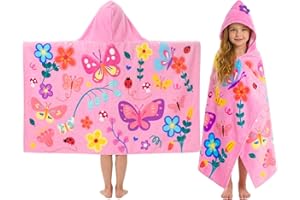 Pinksheep Hooded Bath Towel for Girls Age 3-10,100% Cotton Butterfly Toddler Towel with Snap Buttons,Super Soft and Absorbent