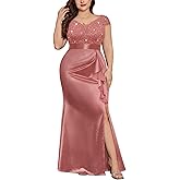 MISSMAY Women's Plus Size V Neck Sequin Lace with Satin Ruffle Trim Slit Mermaid Hem Evening Party Fomal Dress