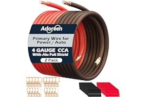 ADOREEN 4 Gauge AWG Power/Ground Wire Cable 10 Ft Black+10 Ft Red, High Power Shielded CCA Soft Automotive Welding Battery Wiring Kit,for Car Audio Amp Speaker RV Trailer Marine Solar+ Lugs&Heat Shrink Tubes