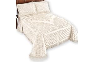 Collections Etc Royalty Elegant Scroll and Checkered Pattern Chenille Bedspread with Fringe Border, Ivory, Full