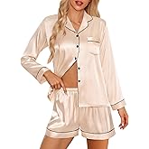 SWOMOG Womens 2 PCS / 3 PCS Pajamas Set Silk Satin Long Sleeve Sleepwear Button Down Loungewear Pjs Nightwear
