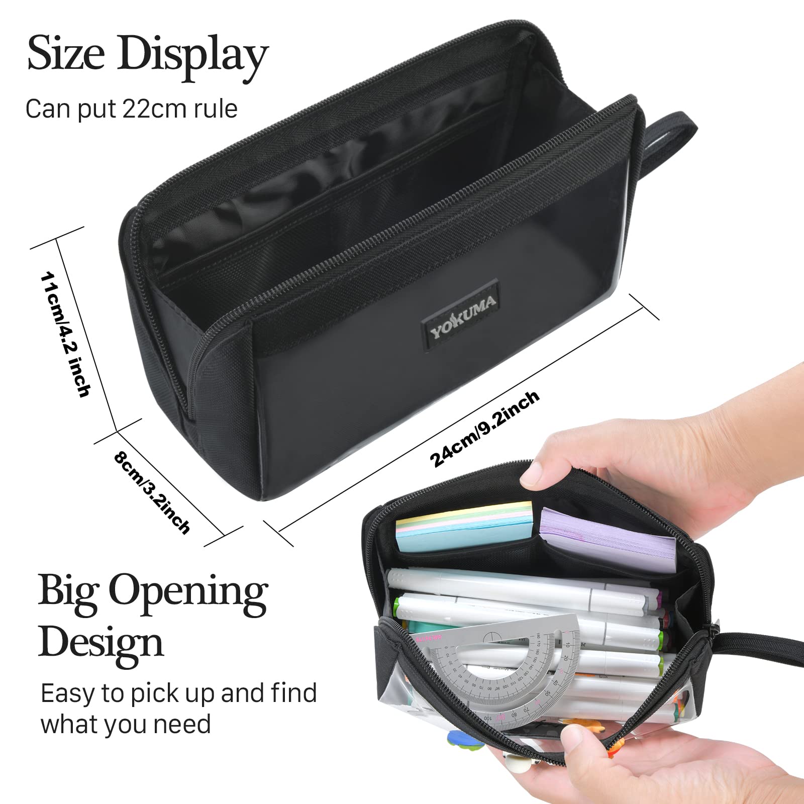 YOKUMA Pencil Case for Boys Girls Cute Kawaii Clear Aesthetic Pencil Pouch Mark Pen Case Organizer Large Capacity for Teen College Students Adults,Small Makeup Bag, School Supplies (Black)