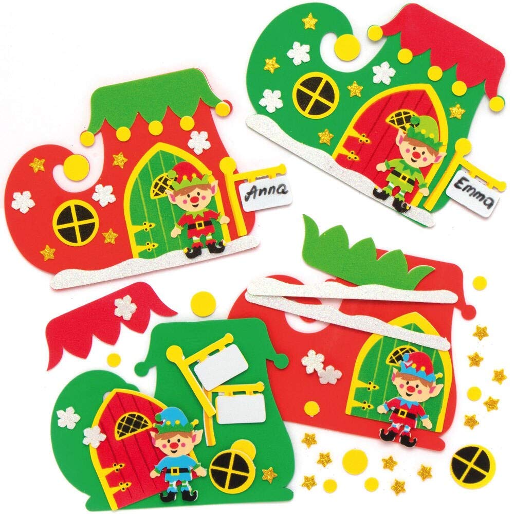 Baker Ross AX400 Christmas Elf Door Kits - Pack of 4, Santa Stop Here Creative Christmas Art and Craft Supplies for Kids to Make, Decorate and Display