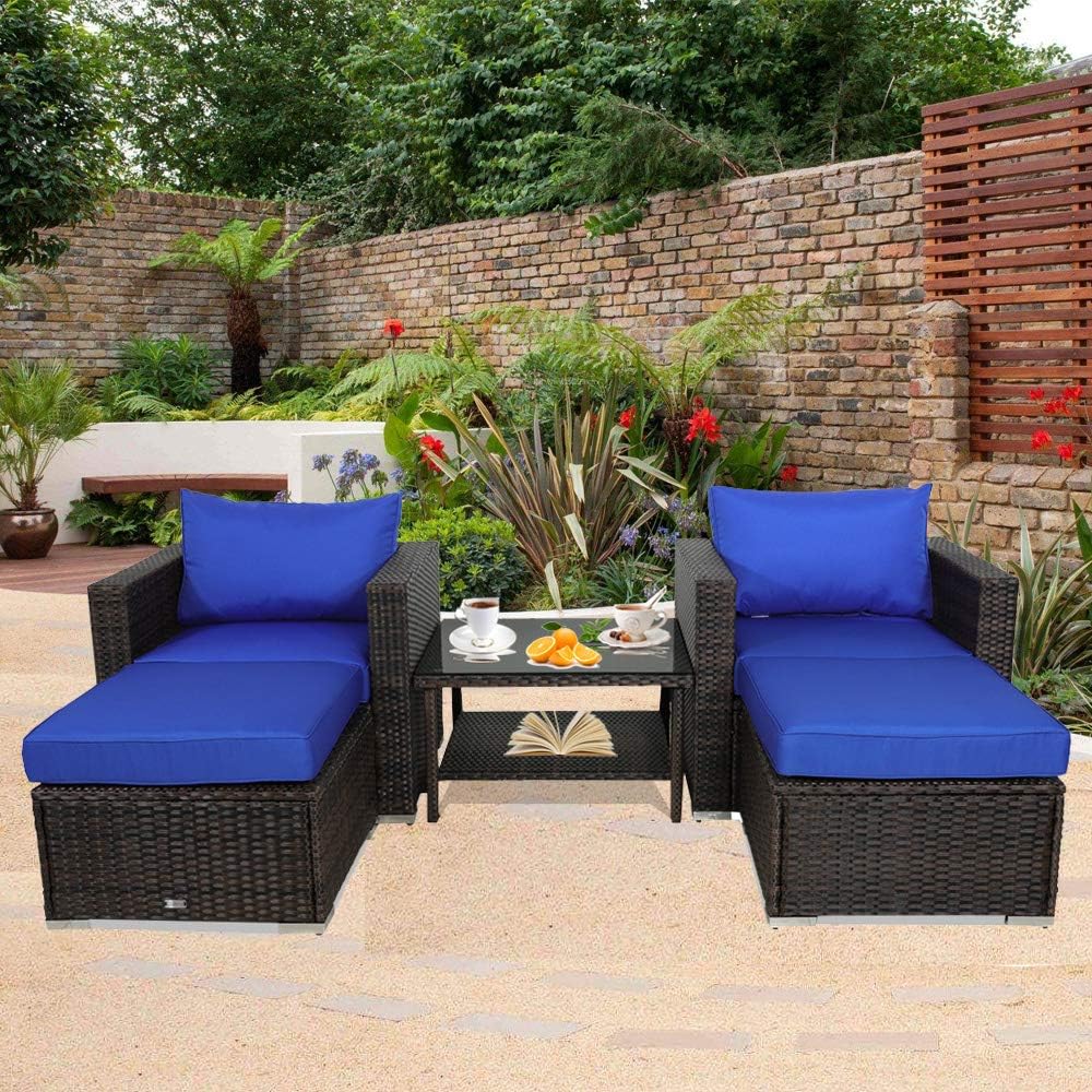 Outdoor Rattan Couch Wicker Sectional Conversation Sofa Set Lawn Garden Patio Furniture Set Rattan Royal Blue Cushion