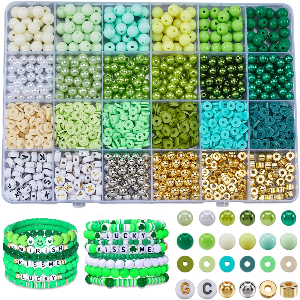 SOFPLATE 1 Box 2220Pcs Green Bracelet Bead Kit Friendship Bracelet Making Kit Letters Plastic Pearls Flat Round Heishi Spacer Polymer Clay Beads for Jewelry Bracelets Making Accessories DIY Crafts