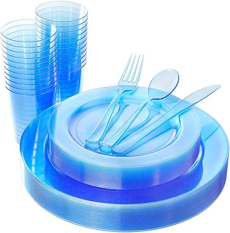 Amazon Com Wdf 25 Guest Blue Plates With Disposable Plastic Silverware Blue Cups Neon Clear Plastic Dinnerware Include 25 Dinner Plates 25salad Plates 25forks 25 Knives 25 Spoons 25 Plastic Cups Kitchen Dining