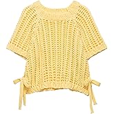 Shebote Womens Crochet Knit Sweater Vest Crop Top Cute Loose Fit Short Sleeve Side Bow Tie Hollow Out Pullover Tank Tops