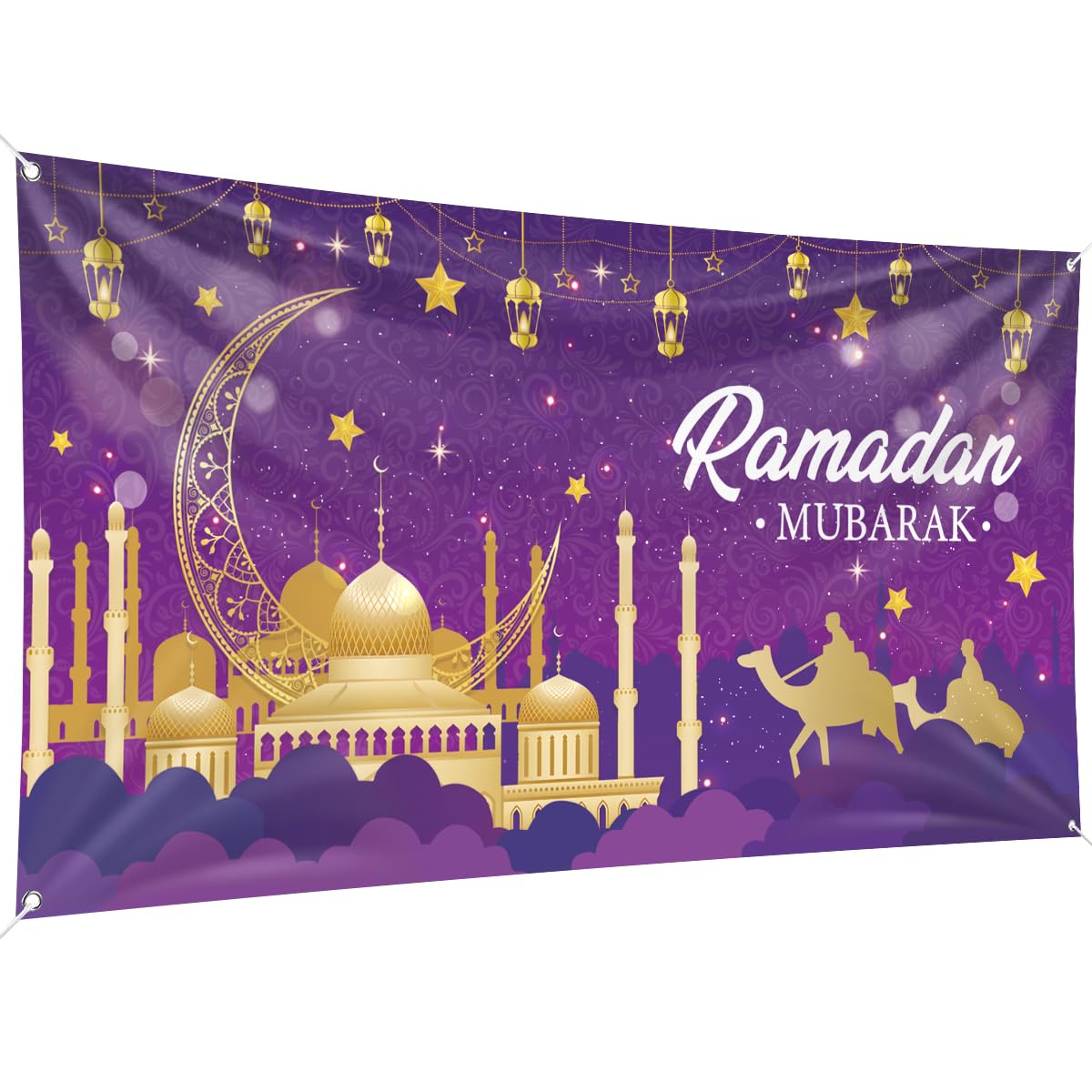Ramadan Mubarak Decorations, Large Fabric Muslim Ramadan Kareem Backdrop Banner Eid Mubarak Sign Photo Booth Backdrop Background for Muslim Ramadan Party Supplies, 200 x 110cm