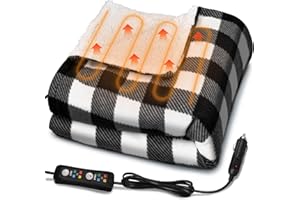 NICECASTLE 12V Car Heated Blanket 59"x39"Portable Heated Blanket for Travel with 4 Heating 4 Timing Settings Soft and Comfortable for Car SUV Camping（Black&White）