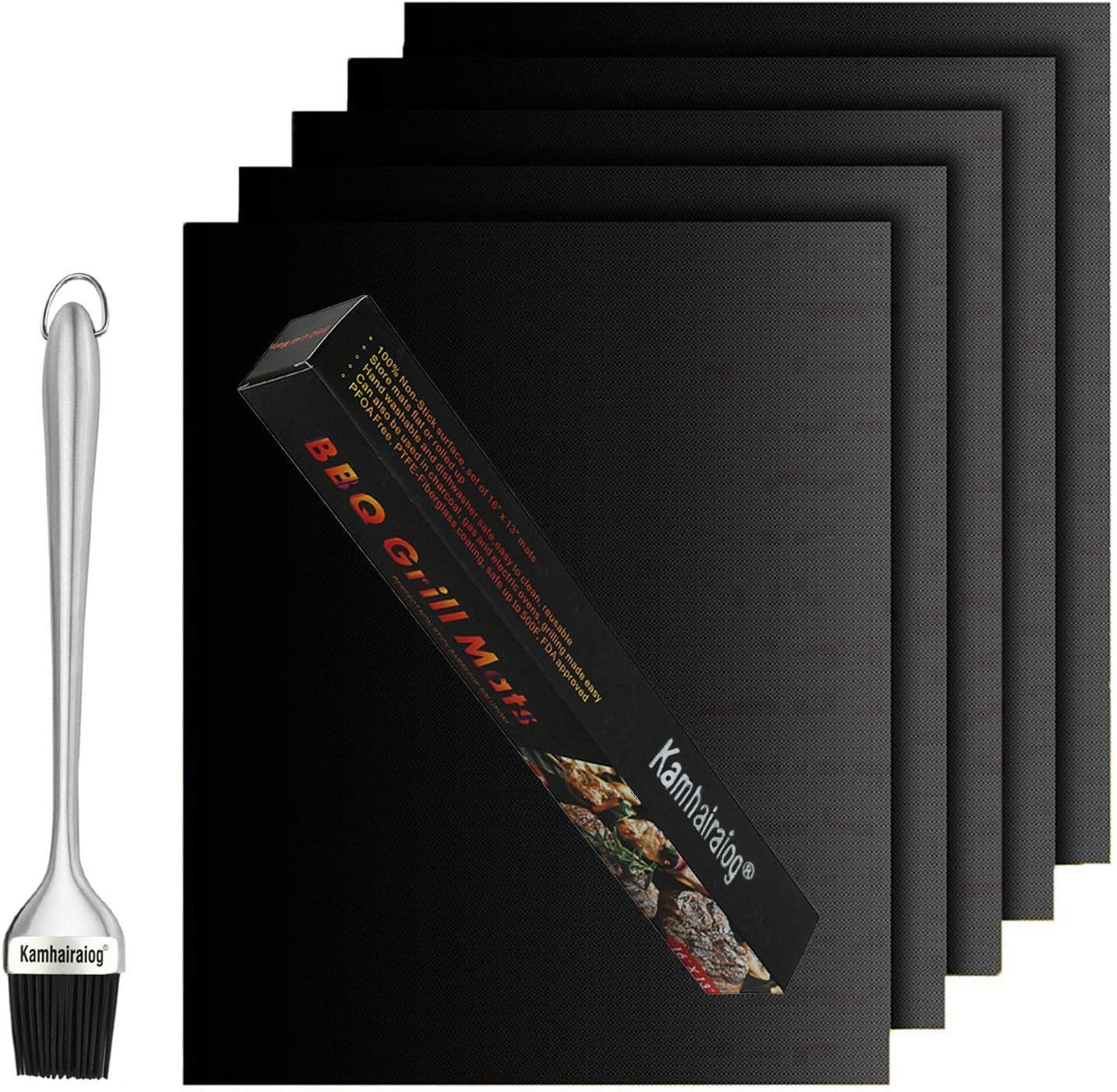 Kamhairaiog BBQ Grill Mat Set of 5 Non-Stick Heat Resistant BBQ Grill Mats Durable Barbecue Baking Mats Grill Pad Sheets for Outdoor Picnic BBQ & 12.5" Stainless Steel BBQ Brush (Black)