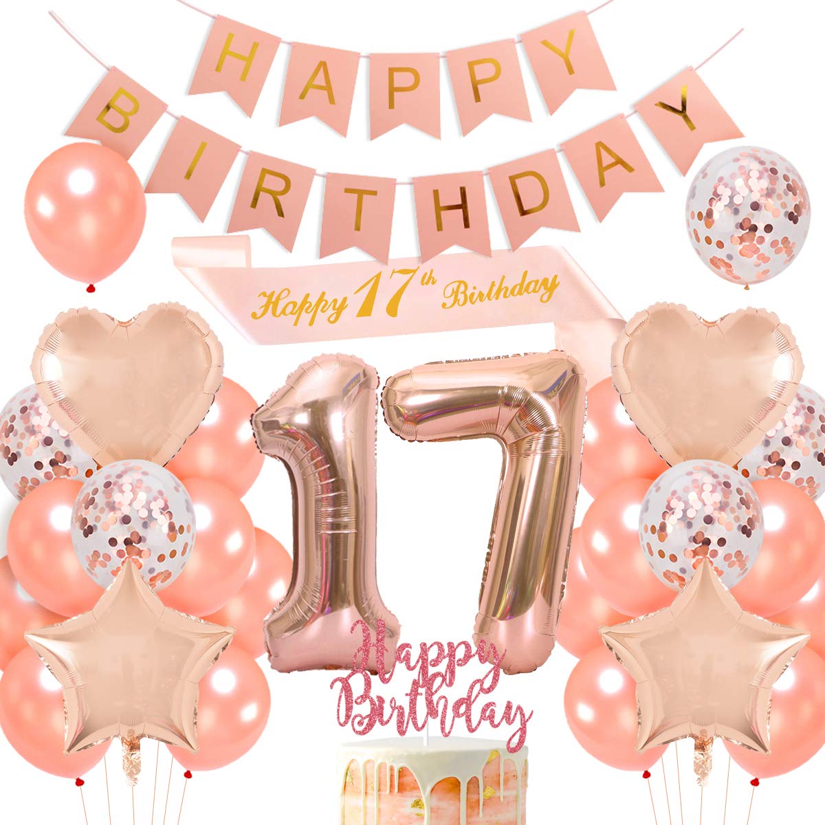 JOYMEMO 17th Birthday Party Decorations Girls, Happy Birthday Banner Cake Topper Sash, Rose Gold Star Confetti Balloons for 17 Year Old Birthday Supplies