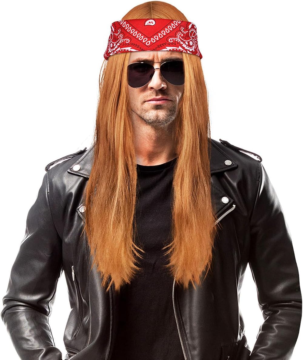 AOMIG Rock Star Heavy Metal Wig Set Blonde Red Bandana 58 cm Long Wig