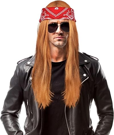 AOMIG Rock Star Heavy Metal Wig Set Blonde Red Bandana 58 cm Long Wig