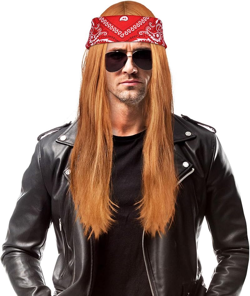 AOMIG Rock Star Heavy Metal Wig Set Blonde Red Bandana 58 cm Long Wig