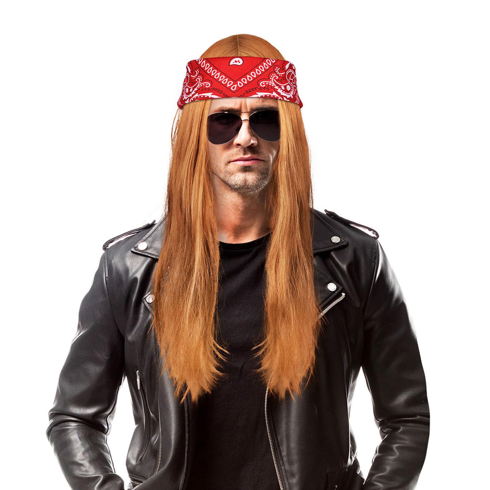 AOMIG Rock Star Heavy Metal Wig Set, Rockstar Retro Blonde Rocker Wig 70s 80s Costume Accessories for Men Women, Long Hippie Wig Rocker Fancy Dress Accessories for 1980s Disco, Parties and Halloween