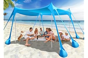 Rhino Valley Beach Tent Shade Canopy UPF50+ Protection, 8 Sandbags, 4 Stability Poles, Outdoor Sun Shelter Umbrella for Sand, Camping, Fishing Essentials
