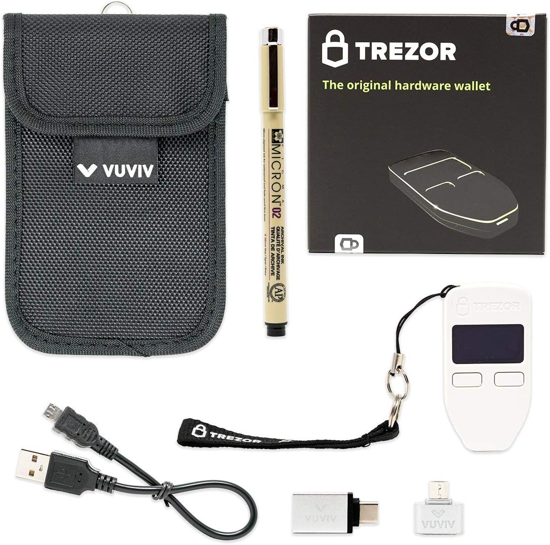 Trezor One - White Bitcoin Hardware Wallet Bundle with VUVIV Micro-USB Adapter & USB-C Adapter for MacBook. RFID Pouch & Sakura Pigma Archival Ink Pen for Recovery Seed Sheet