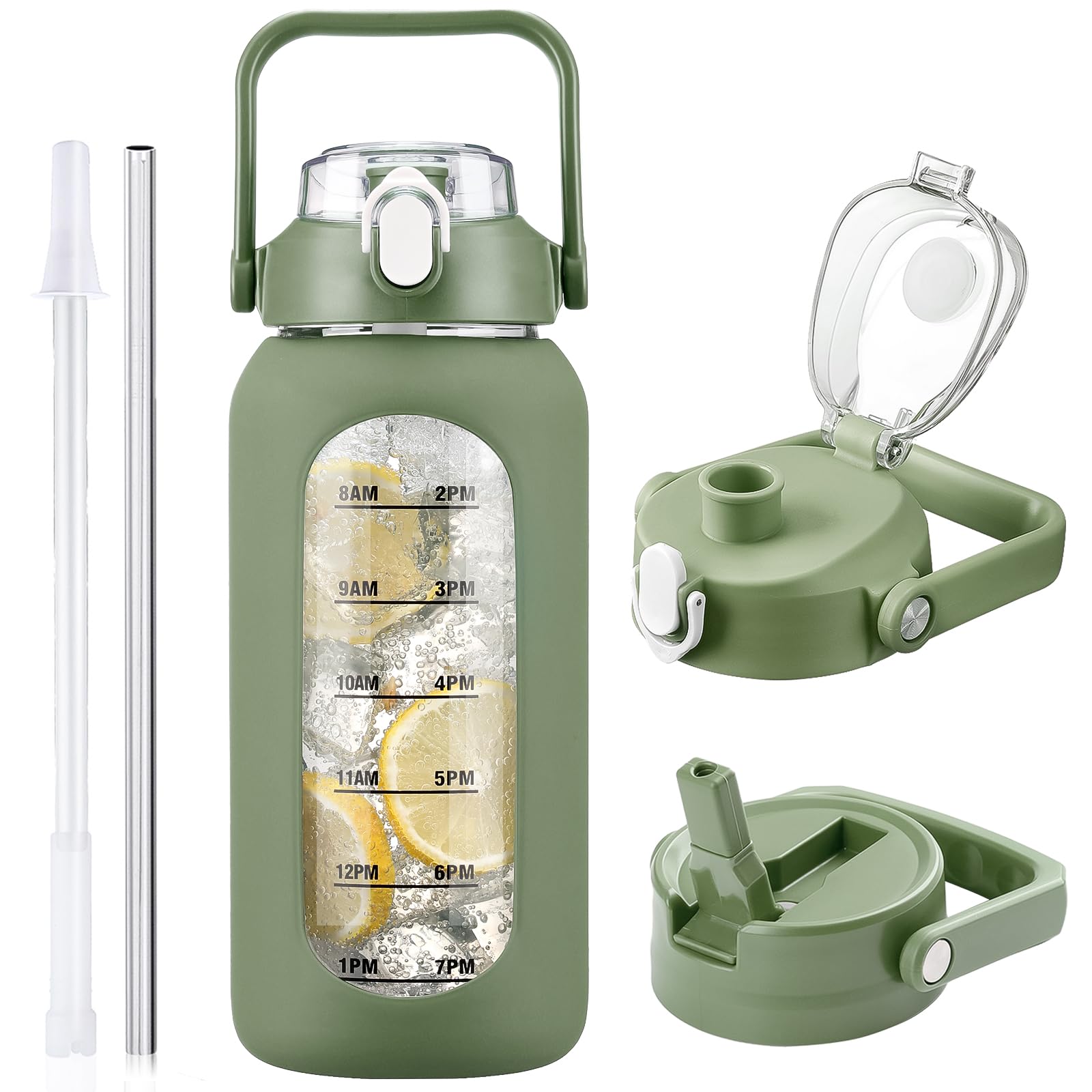 HYDRAGLAZIC 2L Glass Water Bottle with 2 Lids Flip and Chug Lids 2 Liter Large Water Jug with Time Marker and Silicone Sleeve BPA Free Leak-proof for Sports Gym, Oliver