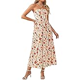 GRACE KARIN Strapless Floral Maxi Dress,Summer Casual Tube Top Boho Dresses,Beach Smocked Flowy Dress with Pockets
