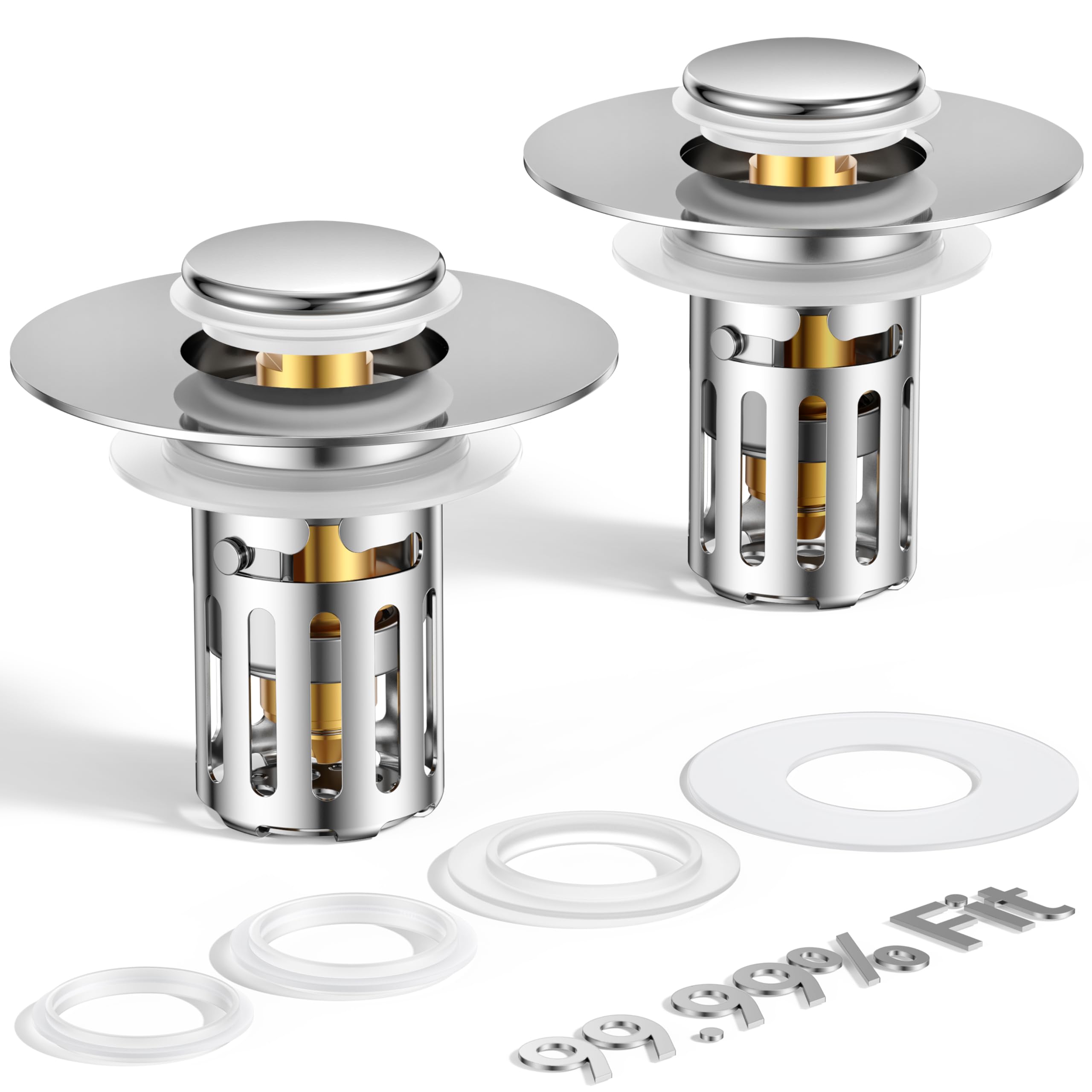 Photo 1 of (2 Pc) All Metal Bathroom Sink Stopper Fit 99% - 3 in 1 Universal Pop Up Sink Stopper with Removable Stainless Steel Filter Basket Hair Catcher - for 1.1'' to 2.36'' Basin - Brass Core, 7000+ Tested