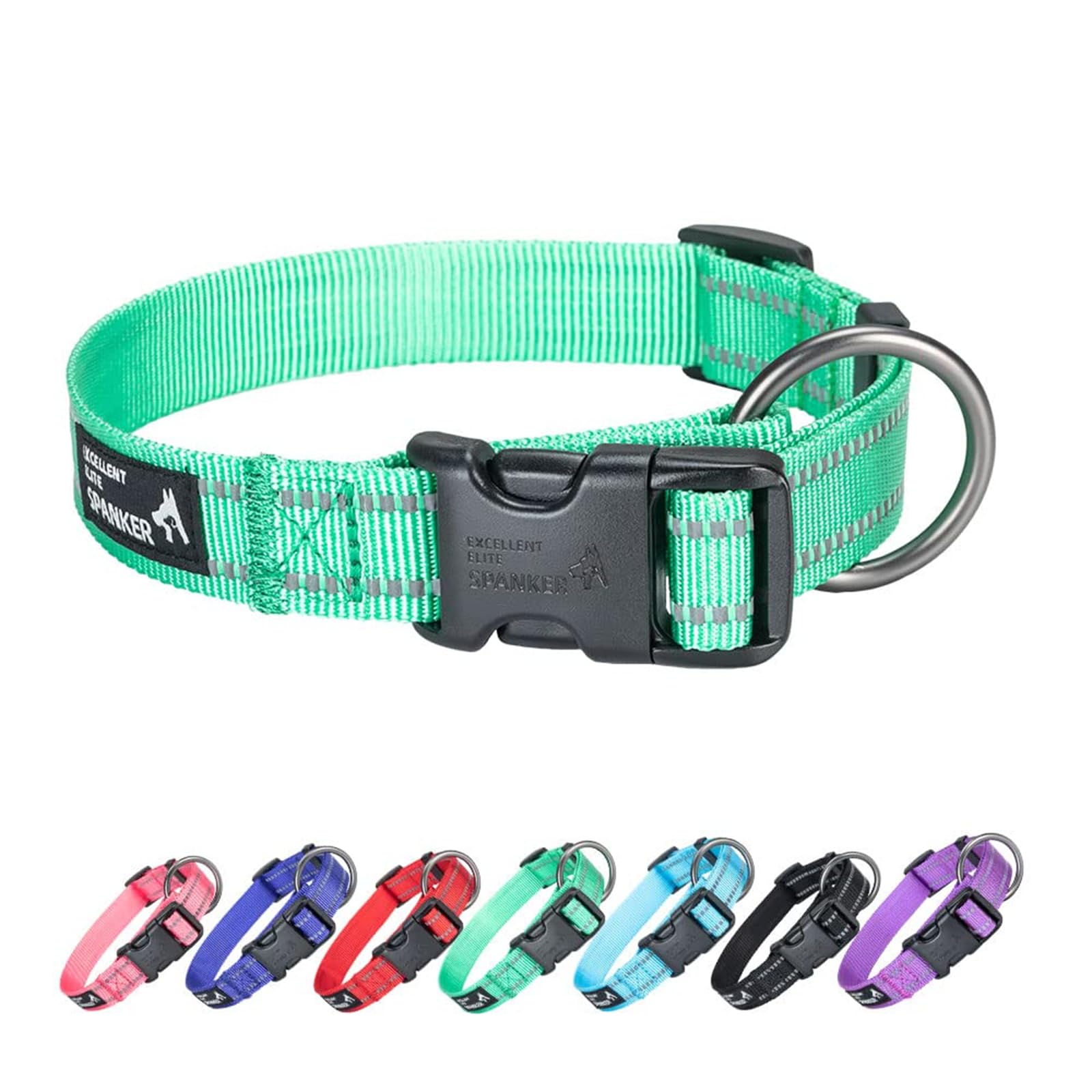 EXCELLENT ELITE SPANKER Reflective Dog Collar Classic Breathable Nylon Adjustable Pet Collar with Quick Release Buckle for Boy Girl Male Female Puppies Small Medium Large Dogs Training(GRN-L)