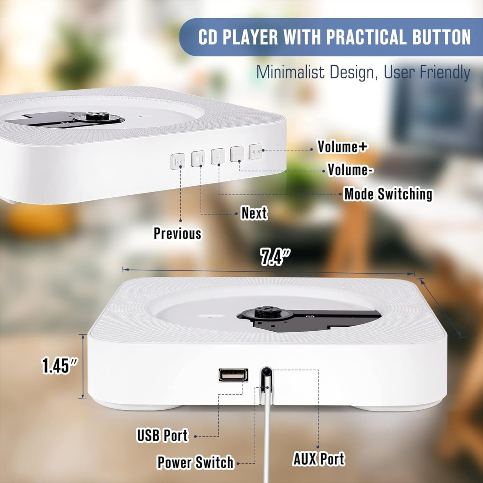 Portable Wall CD Players with 5.0 Bluetooth, Wall-Mountable CD Player with HiFi Speaker, USB Playback/AUX/FM Radio, Pull Cord Switch Design, Music Player with Remote Control, Home Audio Boombox