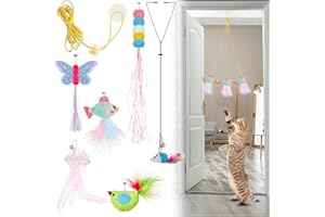 Charniol 8 Pcs Doorway Cat Toys Indoor Feather Door Hanger Interactive Hanging Dragonfly Little Mouse Retractable Teaser Kitten for Play, 6 Styles (Vibrant Style)
