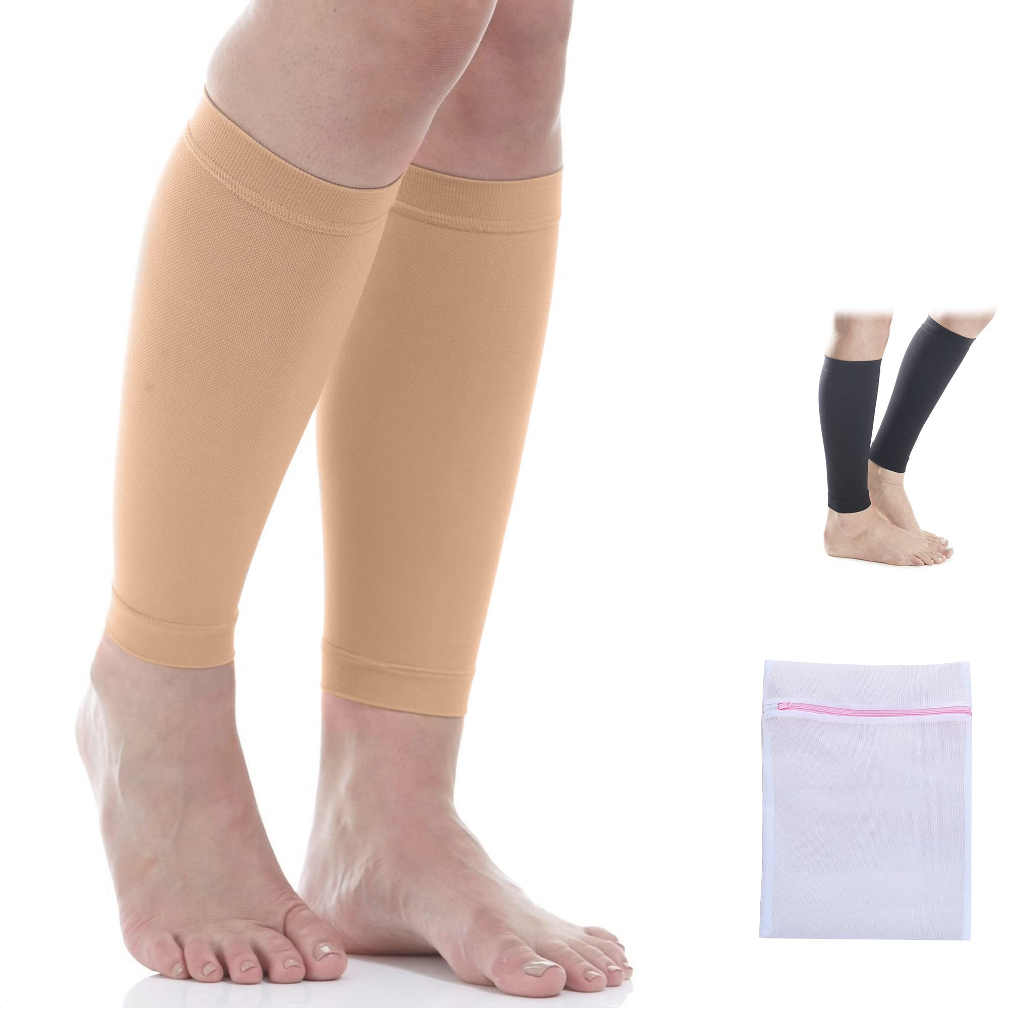 360 RELIEF Compression Calf Sleeves - for Torn Muscle Cramps Sports | Workout, Shin Splints, Circulation, Fitness, Running, Jogging, Marathon, Hiking | 1 Pair Small, Beige with Mesh Laundry Bag |