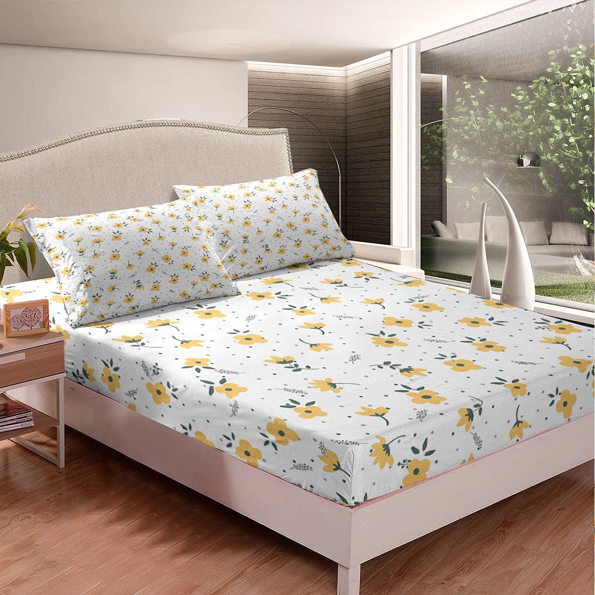 Loussiesd Floral Fitted Sheet Girls Cute Floral Bedding Set for Kids Women Teens Yellow Blossom Flowers Bed Sheet Set Garden Bed Cover 3Pcs Double Size