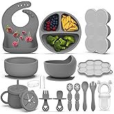 16 Pack Silicone Baby Feeding Set, BPA-Free Baby LED Weaning Supplies, Include Suction Plates, Baby Bowls, Silicone Fork & Spoon, and More, First Stage Baby Food Eating Utensils - 6+ Months(Grey,16)