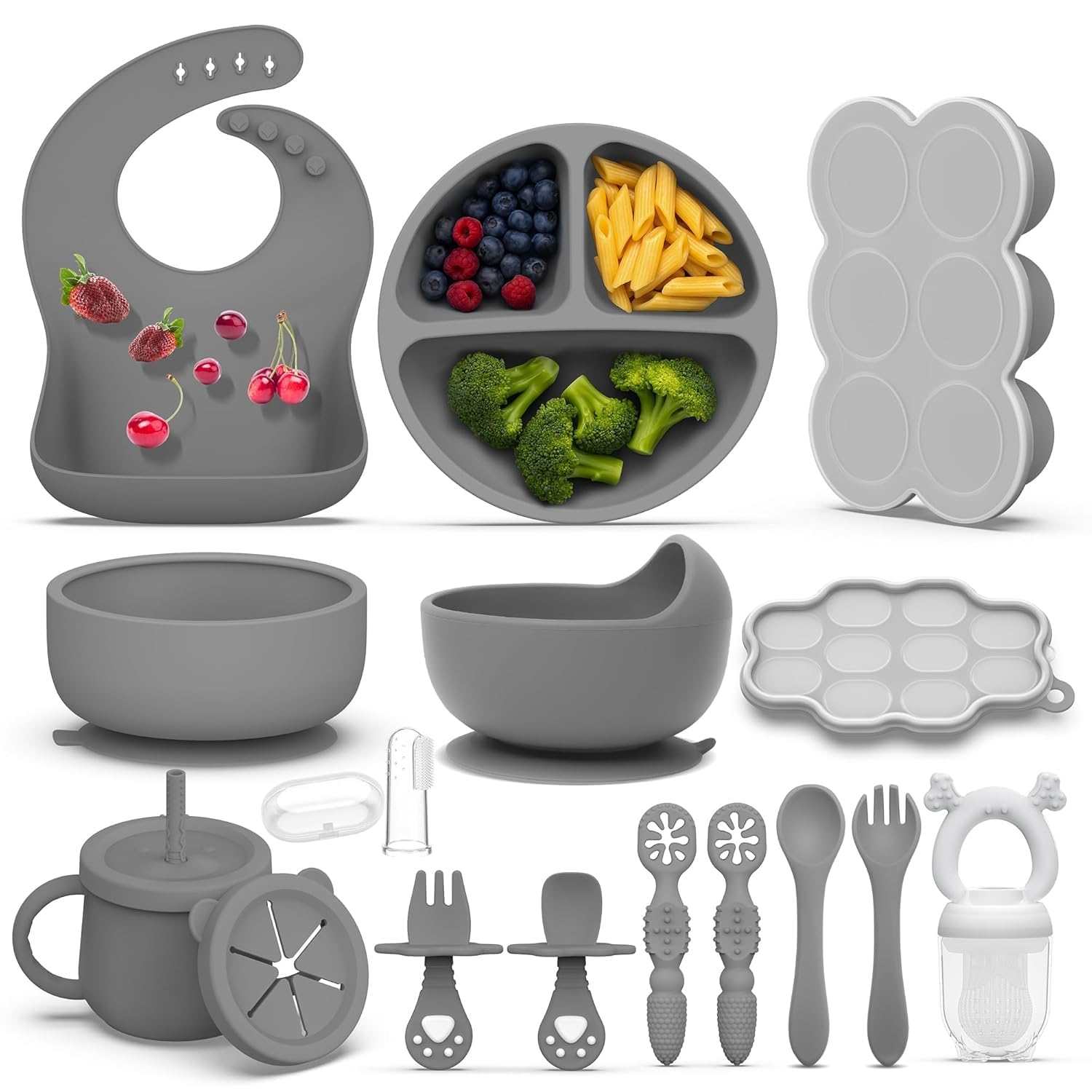 Photo 1 of 16 Pack Silicone Baby Feeding Set, BPA-Free Baby LED Weaning Supplies, Include Suction Plates, Baby Bowls, Silicone Fork & Spoon, and More, First Stage Baby Food Eating Utensils - 6+ Months(Grey,16)