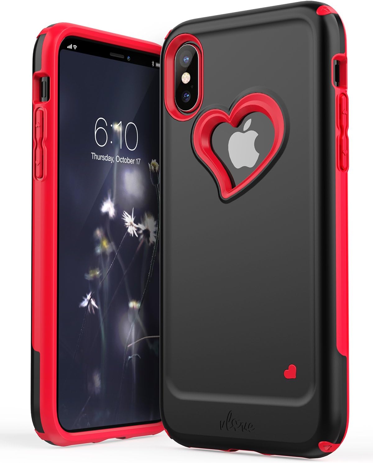 iPhone Xs/X Case, Vena [vLove] Heart Shape | Dual Layer Protection, Hybrid Bumper Cover Case for Apple iPhone Xs 2018 / iPhone X, 10 2017 5.8" - Metallic Black/Bright Red